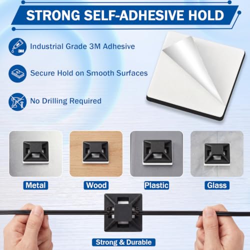 Reallnaive 300 Pcs 1/2'' Self Adhesive Cable Zip Tie Mounts for Desk, Black - color: Black, size: 1/2''