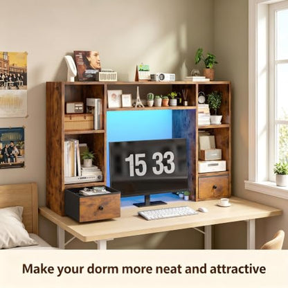 REIBII 47.2" Desktop Bookshelf, 6 Shelves & 2 Drawers, LED Lights, Brown - color: Rustic Brown