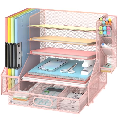 5-Tier Desk Organizer with File Holder & Pen Holder & Sliding Drawer, Pink - color: Pink