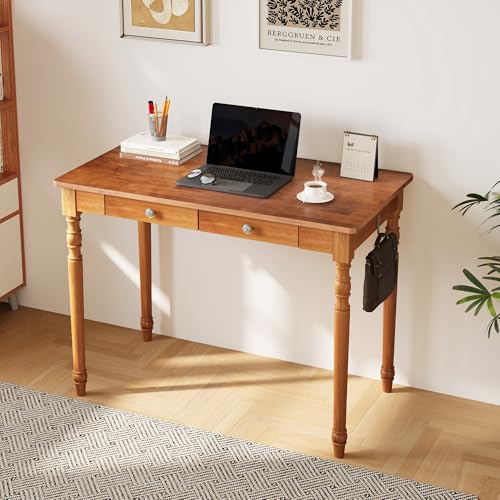 40 Inch Mid Century Modern Desk - Rubber Wood Desk with Drawers, Writing Desks with Drawers, Mid Century Desks for Bedroom, Living Room & Office, Walnut Color - color: A.walnut Mid Century Desk, size: 39.4 in W x 21.7 in D