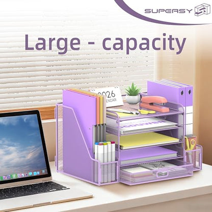 SUPEASY Mesh Desk Organizer with File Holder, 5-Tier Paper Letter Tray Organizer with Magazine Holder, Desktop Organizer and Storage with Drawer for Office Supplies Home or School (Purple) | Two side magazine holders and a bottom drawer store papers, fold