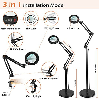 Real Glass Magnifying Glass with Light and Stand, LED 5 Color Modes, Stepless Dimmable Magnifying Floor Lamp, 3-in-1 Adjustable Swing Arm Lighted Magnifier Lamp with Clamp for Reading, Craft - Black - color: Black
