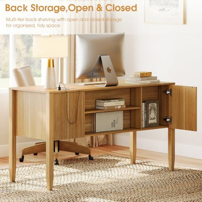 WAMPAT Fluted Executive Desk with Drawers, 58" Modern Home Office Computer Desk with Charging Station, Storage Shelves, Wood Writing Study Desk for Work, Study, Writing, Oak - color: Oak