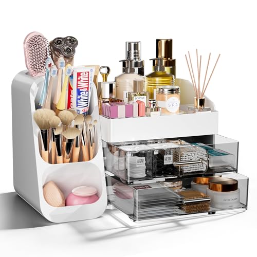 Makeup Organizer with Drawers for Vanity Bathroom Counter Organizers and Storage, Large Skincare Organizer with Brush Toothbrush Holder for Perfume, Nail Polish, Dresser, Office Supplies, White - color: White