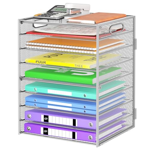 Cawukege 9 Tier Paper Organizer with Handle, Large Capacity Desk Organizer Mesh File Folder Letter Paper Tray Desktop Document Sorter for Classroom, School, and Office Accessories Organization- Silver - color: 1 Pack - Sliver