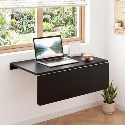 GIANTEX Wall-Mounted Folding Desk, Wooden Floating Laptop Table with Drop Leaf Design, Space-Saving Foldable Wall Desk for Study, Bedroom, Living Room, Laundry (Black) - color: Black