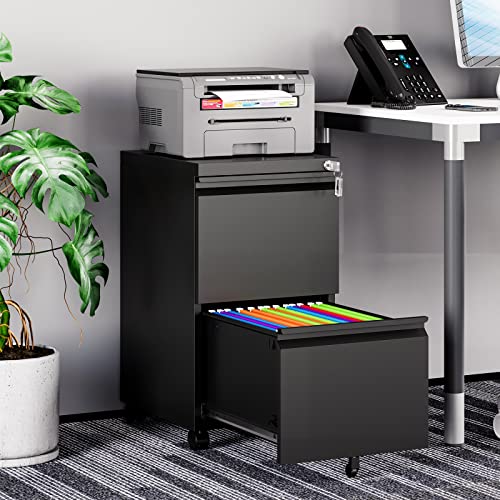 MIIIKO 2 Drawer File Cabinet on Wheels, Home Office Mobile Under Desk with Lock, Vertical Files Drawers for Legal/Letter/A4,Fully Assembled - color: Black, size: 2 Drawer-14.57"W -Mobile-b