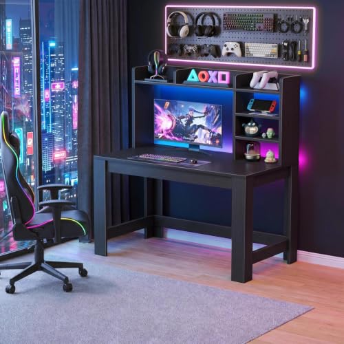 WINAZ 43" Black Gaming Desk with Hutch and Built-in Power Outlet | Modern Computer Desk with 3-Tier Storage Shelves and Hutch, Space-Saving Writing Table for Home Office - color: Black