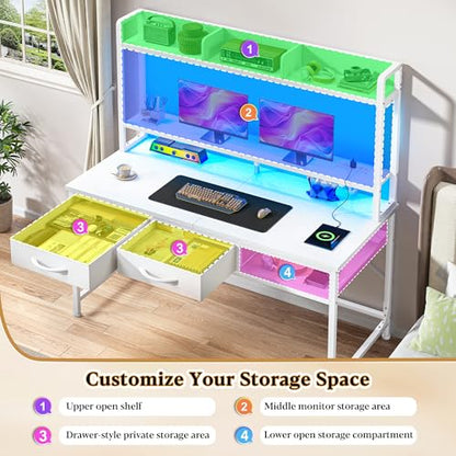 DurayLoly Computer Desk with Monitor Stand, LED Lights,Power Outlet - color: White, size: 18.9"D x 39.4"W x 61.1"H