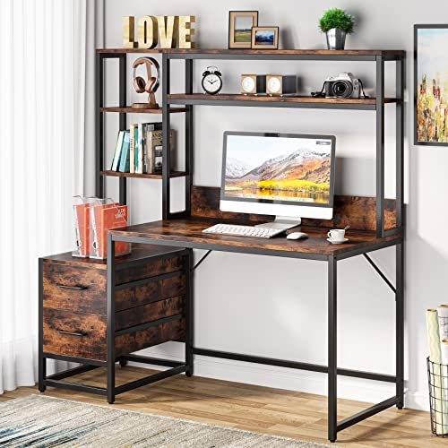 Tribesigns 55 Inch Computer Desk with 2 Drawers and Storage Shelves, Rustic Office Desk with Hutch, Study Writing Gaming Table Laptop Workstation for Home Office (Brown) - color: Brown