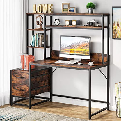 Tribesigns 55 Inch Computer Desk with 2 Drawers and Storage Shelves, Rustic Office Desk with Hutch, Study Writing Gaming Table Laptop Workstation for Home Office (Brown) - color: Brown