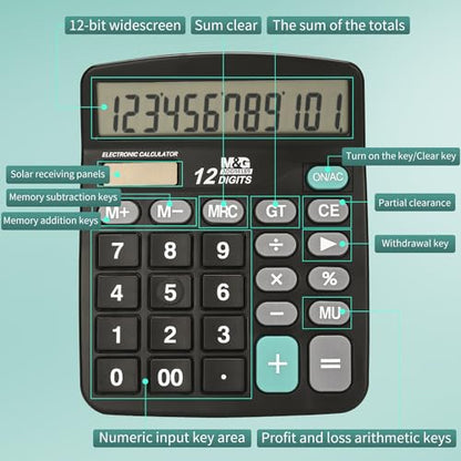 M&G Desk Calculator 12 Digit Office Calculators with Large LCD Display, Dual Solar Power and Battery, Recessed Big Button Calculator for Office Home (Black, Pack of 5) - style: Basic 5 Pack