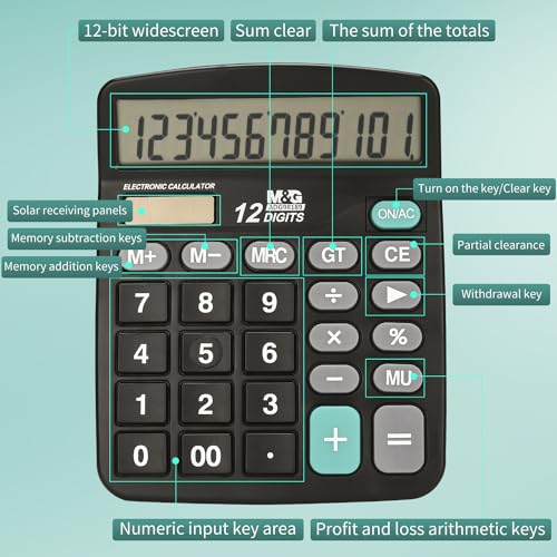 M&G Desk Calculator 12 Digit Office Calculators with Large LCD Display, Dual Solar Power and Battery, Recessed Big Button Calculator for Office Home (Black) - style: Basic