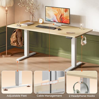 Huuger 63 x 28 Large Electric Standing Desk, Height Adjustable Computer Desk, 27.6" Deep Desktop, Stand up Gaming Office Table with 2 Hooks, 3 Preset Heights, for Home Office, Maple, 7021Q-1 - color: Maple, size: 63*28 inch (no outlets)