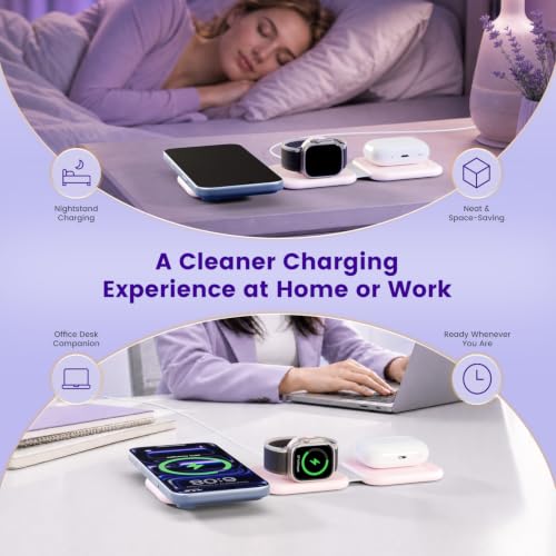 15W Magnetic Travel Charging Station, 3-in-1 Foldable MagSafe Charger - color: Blush Pink