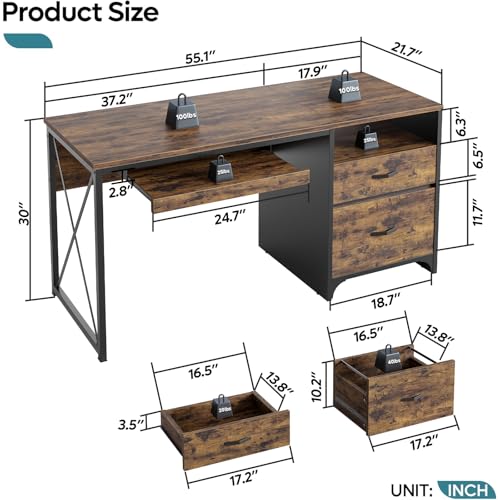 Bestier Office Desk with Drawers, 55 inch Industrial Computer Desk with Storage, Wood Teacher Desk with Keyboard Tray & File Drawer for Home Office, Rustic Brown - color: Rustic Brown