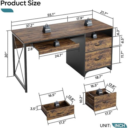 Bestier Office Desk with Drawers, 55 inch Industrial Computer Desk with Storage, Wood Teacher Desk with Keyboard Tray & File Drawer for Home Office, Rustic Brown - color: Rustic Brown