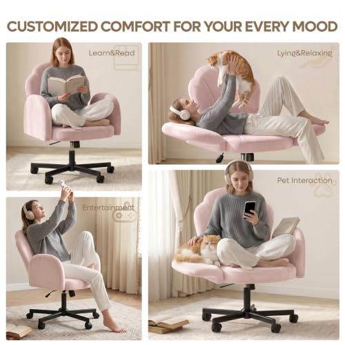Bestier Criss Cross Office Chair with FILP-Up Armrests, Pink Velvet | Rocking Recline,Swivel Makeup Vanity Chair with 5-Level Folding Armrest, Cross Legged Desk, Adjustable Height Swivel Chair - color: Pink Velvet