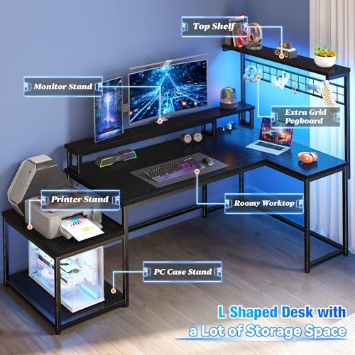EnHomee 63" L Shaped Gaming Desk with LED Lights & Power Outlets,Black - color: Black, size: 63"W
