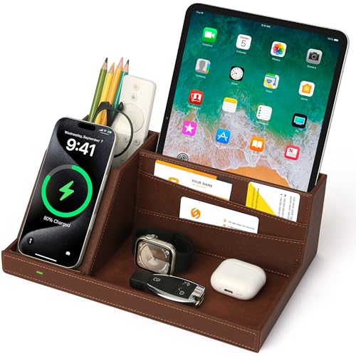 Fast Wireless Charging Station with Desk Organizer for iPhone 17/16/15/15 Pro/14/14 Pro Max/14 Pro/14 Plus/13/13 Pro Max/13 Pro/and iPhone 12/11 Series, Nightstand Desktop Organizer, Brown - color: Brown