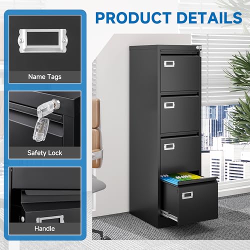 4 Drawer File Cabinet with Lock Metal Vertical File Cabinet Office Home Vertical File Cabinet for A4 Legal/Letter Size Narrow File Cabinet Locked,Assembly Required (Black, 4 Drawers- Vertical) - color: Black, size: 4 Drawers