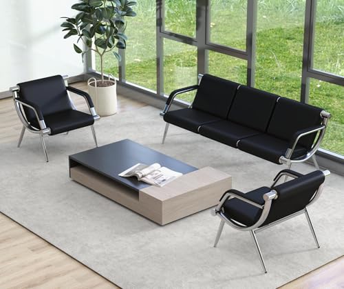 Kinsuite 5-seat Waiting Room Chairs - 3pcs Office Reception Chairs for Salon Barber Bench Airport Bank Hall PU Leather, Black - size: 1-seat*2+3-seat