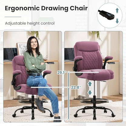 MAHOMICO Drafting Chair for Standing Desk – Tall Office Chair with Adjustable Height & Foot Ring, Flip-Up Arms, Lumbar Support – Comfortable Fabric Seat, Ideal Home Desk Chair - color: Purple