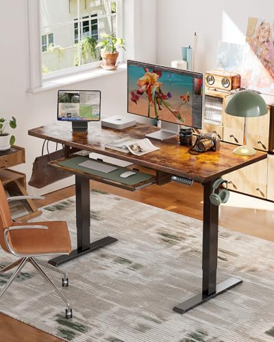 Marsail Electric Standing Desk with Ergonomic Keyboard Tray, Adjustable Desk with 27.5” to 46.7” Height Range, 4 Memory Presets, Smooth and Quiet Lifting, 48 x 24 inch Adjustable Height,TZESD14Rustic - color: Rustic Brown, size: 48x24"