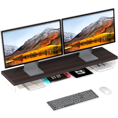 Dual Monitor Stand Riser, 40" Large Computer Monitor Stands for 2 Monitors, Wooden Desktop Organizer Shelf for Office Desk Computer, Laptop, TV, Monitor, Printer | Computer Monitor Stand Riser With Wood & Acrylic Design; Fits 2 Monitors, Laptop, Printer A