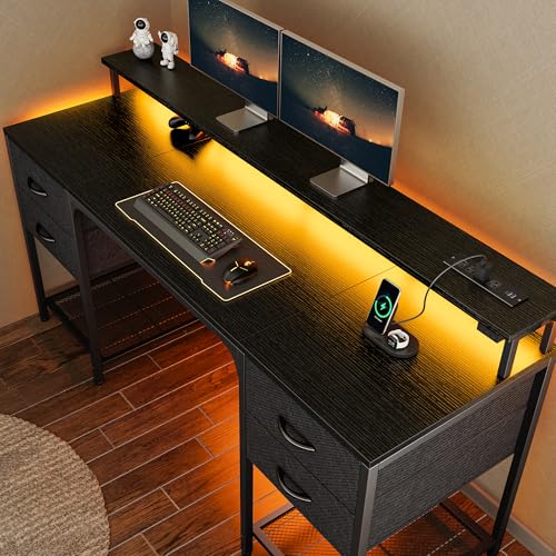 Huuger 63 inch Computer Desk with Power Outlets & 4 Drawers - color: Black, size: 63 Inch