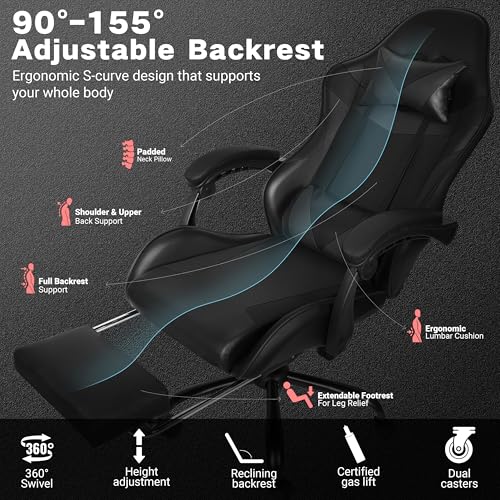 Gaming Chair with Footrest and Lumbar Support, Height Adjustable Chair with 360°Office Desk Chair,Heavy Duty 330lbs Computer Chair for Adults - color: Black