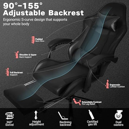 Gaming Chair with Footrest and Lumbar Support, Height Adjustable Chair with 360°Office Desk Chair,Heavy Duty 330lbs Computer Chair for Adults - color: Black