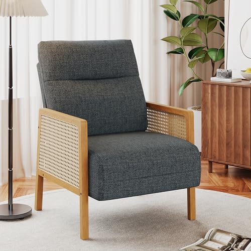 Andeworld Grey Accent Chairs,Upholstered Modern Living Room Chairs with Natural Rattan Arm, Side Chair for Bedroom Club Balcony Reception Room - color: Dark Grey, size: 1