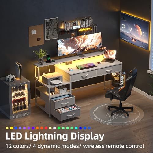 MUTUN 53" Computer Desk with 4 Drawers & Power Outlets, Reversible Home Office Desk with Monitor Stand & Printer Stand, Gaming Desk with Led Lights, Study Writing Work Desk Table for Bedroom (White) - color: White
