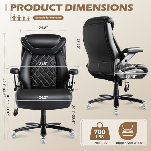 700lbs Leather Big and Tall Office Chair, Ergonomic Heavy Duty Executive Office Chair with 5D Flip Arms & Adjustable Lumbar Support & Dual Rubber Wheel, Large Thick Padded Extra Wide Seat, Black - color: Black