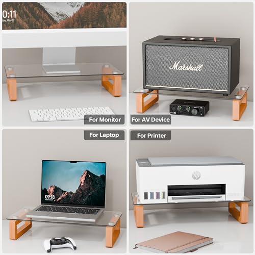 YEOUX Multi-Purpose Desktop Stand - 17.0" x 9.0" x 3.5" (Clear & Beech) | Clear Floating Glass Top with Natural Wood Base, Desk Organization, for Computer, Printer, Laptop, Audio Device, Flat Screen - color: Beech&Clear