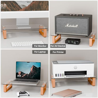 YEOUX Multi-Purpose Desktop Stand - 17.0" x 9.0" x 3.5" (Clear & Beech) | Clear Floating Glass Top with Natural Wood Base, Desk Organization, for Computer, Printer, Laptop, Audio Device, Flat Screen - color: Beech&Clear
