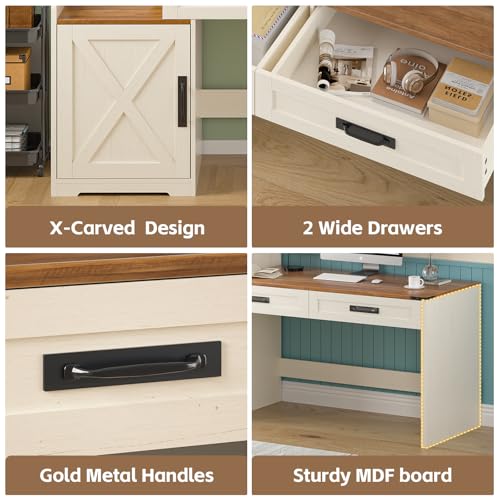 60" Computer Desk with Drawers & Bookshelves for Bedroom, Home Office - color: Antique White