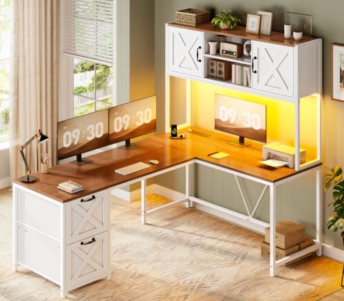 SEDETA Reversible Farmhouse L Shaped Computer Desk with Drawers, Hutch - color: White and Brown