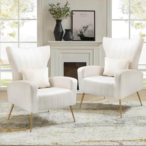 Velvet Accent Chairs Set of 2, Modern Living Room Chair with Gold Legs & Pillow, Bedroom Side Chair with High Wingback, White - color: White, size: 2PCS with Channel Tufted