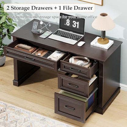 Vabches Farmhouse 47" Executive Desk with Charging Station, Walnut | Computer Desk with Drawers, Workstation Computer Desk with File Drawer for Home Office,Study. - color: Walnut