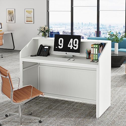 Tribesigns Reception Desk with Counter, Modern Front Desk Reception Room Table with Cable Grommet, 47 inch Retail Counter for Checkout, Lobby, Beauty Salon, Home Office Desk, White - color: White