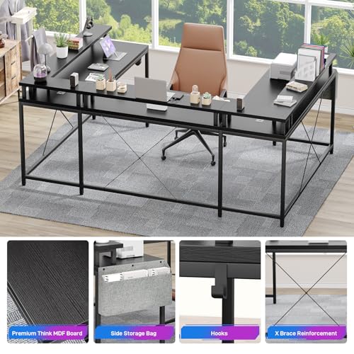 IDEALHOUSE U Shaped Home Office Desk, Reversible L Shaped Gaming Computer Desk with Power Outlets,126 Inch Computer Desk with Monitor Stand and LED Lights,Storage Shelves,Storage Bag and Hooks（Black） - color: Black