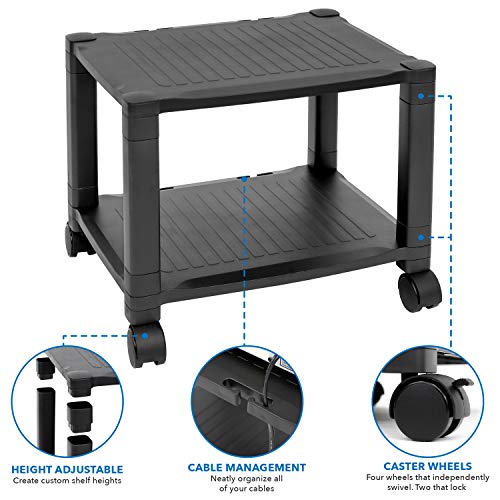 Mount-It! Under Desk Printer Stand with Wheels [2 Shelf] Height Adjustable with 4 Swivel Wheels, Cable Management, Low Rolling, Mobile Printer Cart, 2 Tier (Black)
