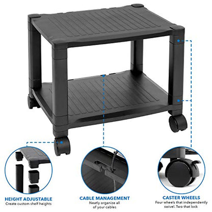 Mount-It! Under Desk Printer Stand with Wheels [2 Shelf] Height Adjustable with 4 Swivel Wheels, Cable Management, Low Rolling, Mobile Printer Cart, 2 Tier (Black)