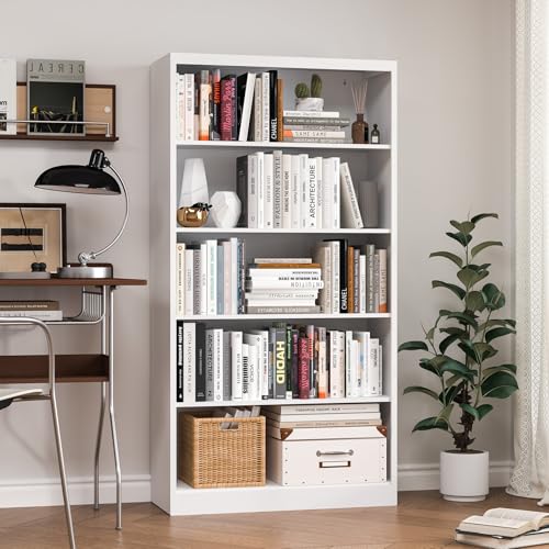 OSEILLC Bookcase,5 Tier White Bookshelves,66" Tall Free Standing Metal Bookcase with Adjustable Storage Shelves, Industrial Wide Bookshelf for Bedroom Living Room Home Office School - color: White, size: 66"H*33.3"W