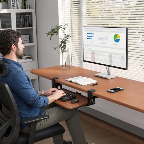 BONTEC KMT01 Under Desk Keyboard Tray, Pull-Out Keyboard & Mouse Platform with C-Clamp, 25.6 x 11.8 in Space-Saving Ergonomic Slide-Out Drawer, Walnut - color: Walnut, size: 25.6" x 11.8"