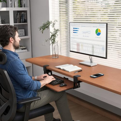 BONTEC KMT01 Under Desk Keyboard Tray, Pull-Out Keyboard & Mouse Platform with C-Clamp, 25.6 x 11.8 in Space-Saving Ergonomic Slide-Out Drawer, Walnut - color: Walnut, size: 25.6" x 11.8"