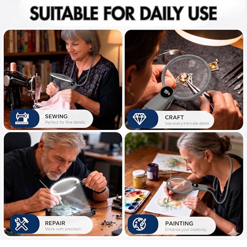 MAGNIPROS Hands-Free Magnifying Glass with Light for Seniors, 5X/10X Rechargeable GooseNeck Magnifier, 3 Color Light Modes, LCD Display, Reading, Sewing, Crafts