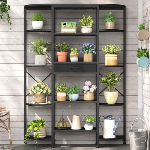 HOOBRO Triple Column 5 Tier Book Shelf, Industrial Bookcase with 12 Open Display Shelves and Fabric Drawer, Wide Bookshelf for Home Office, Living Room, Easy Assembly, Black BB161SJ01